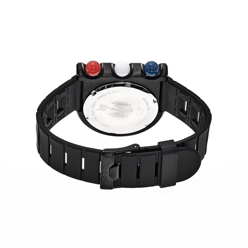 Montre Mach 2000 Chronographe Bleu Blanc Rouge avec bracelet en caoutchouc noir créée par Roger Tallon
