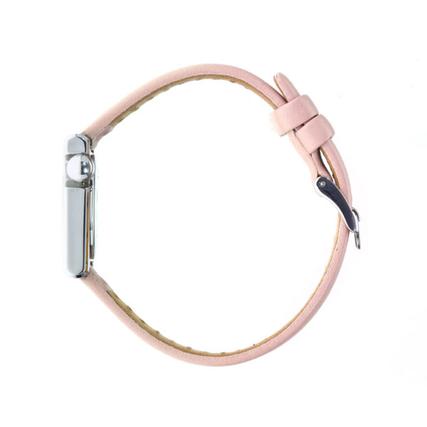 Montre Mach 2000 Mini Square argent avec bracelet en cuir perforé rose créée par Roger Tallon