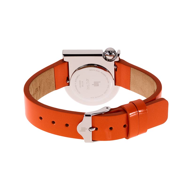 Montre Mach 2000 Mini argent avec bracelet en cuir orange créée par Roger Tallon