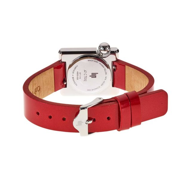 Montre Mach 2000 Mini square argent avec bracelet en cuir rouge créée par Roger Tallon