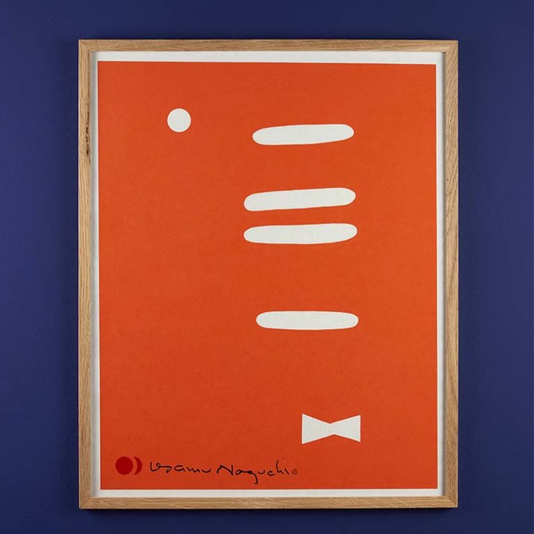 orange bowtie silk-screened frame with the pattern of the akari 1AR lamp by Isamu Noguchi