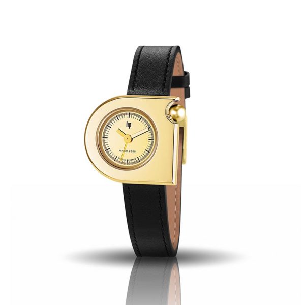 Montre Mach 2000 mini dorée, bracelet en cuir noir, design Roger Tallon pour Lip, Sentou